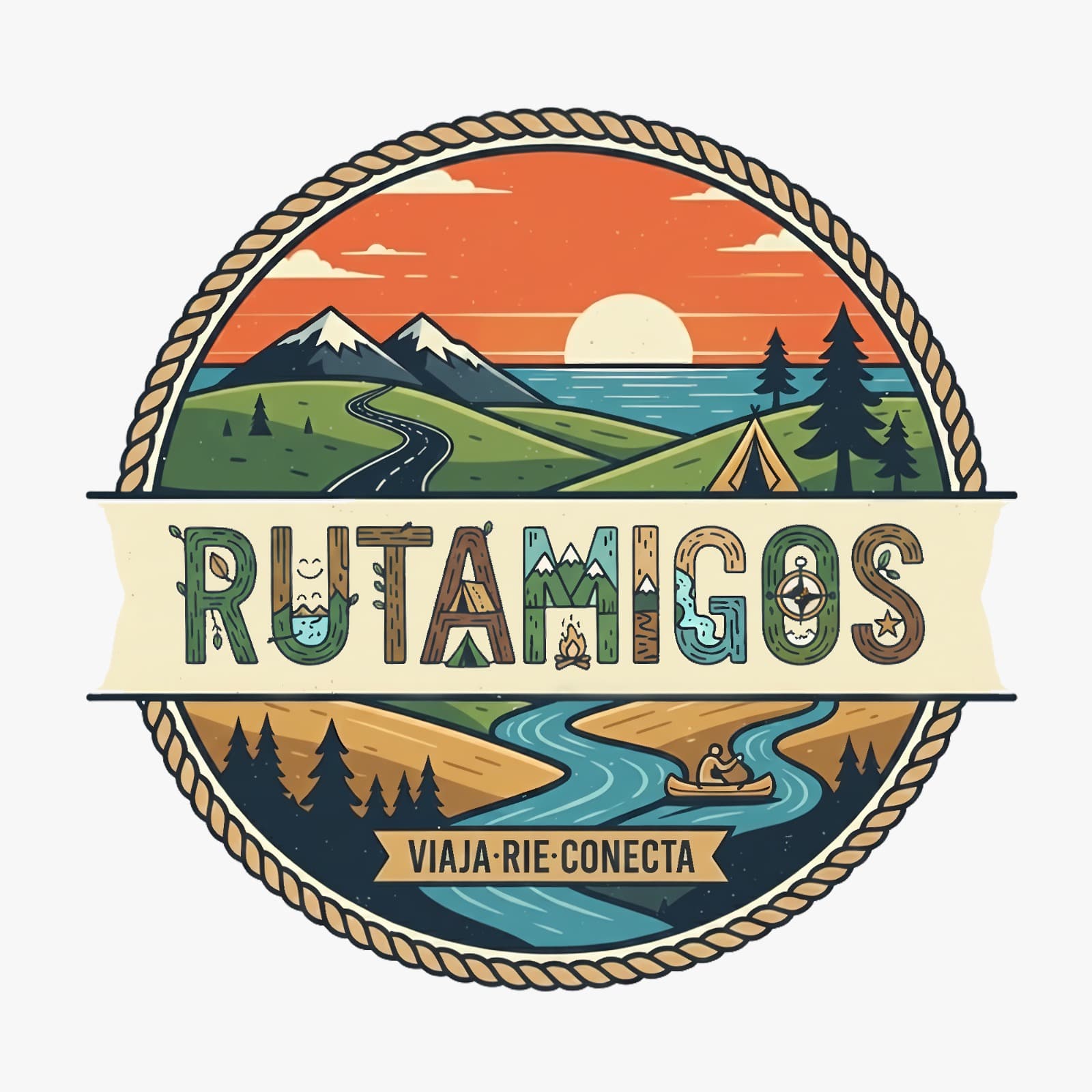 Logo oficial de RutAmigos: insignia retro de viaje